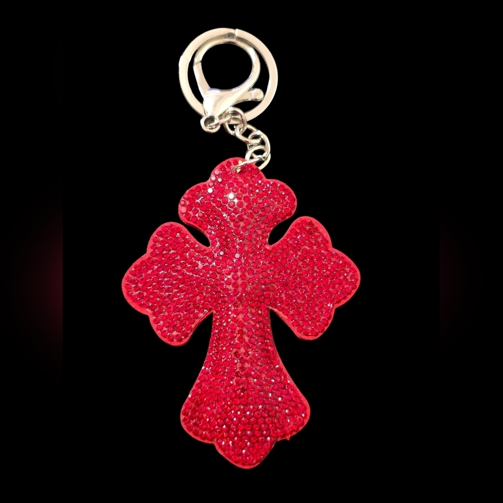 Red Rhinestone Cross Bag Charm Keychain